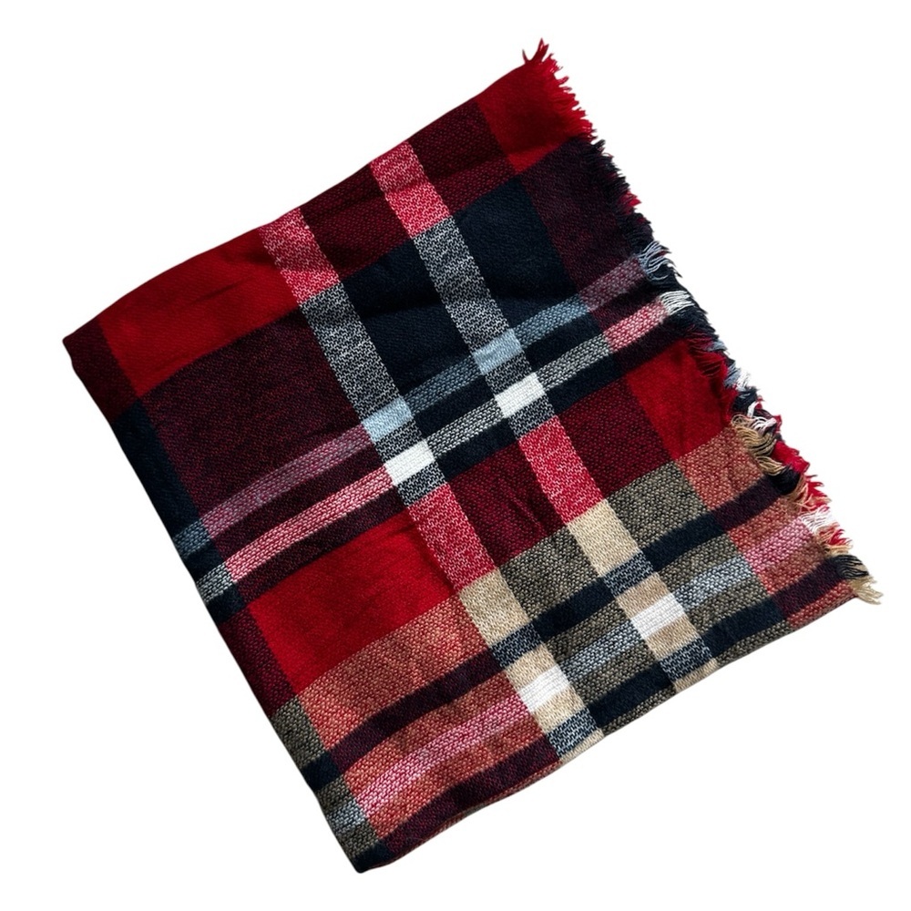 Women’s Red Black Plaid Blanket Scarf Oversized Tartan Fringe Wrap Shawl